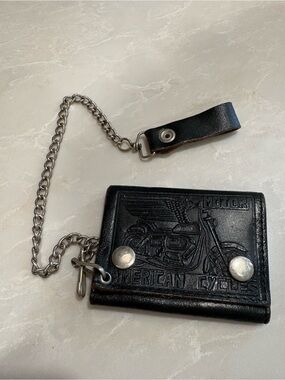 Trifold Black Leather Biker Chain Wallet with Embossed Motorcycle Design